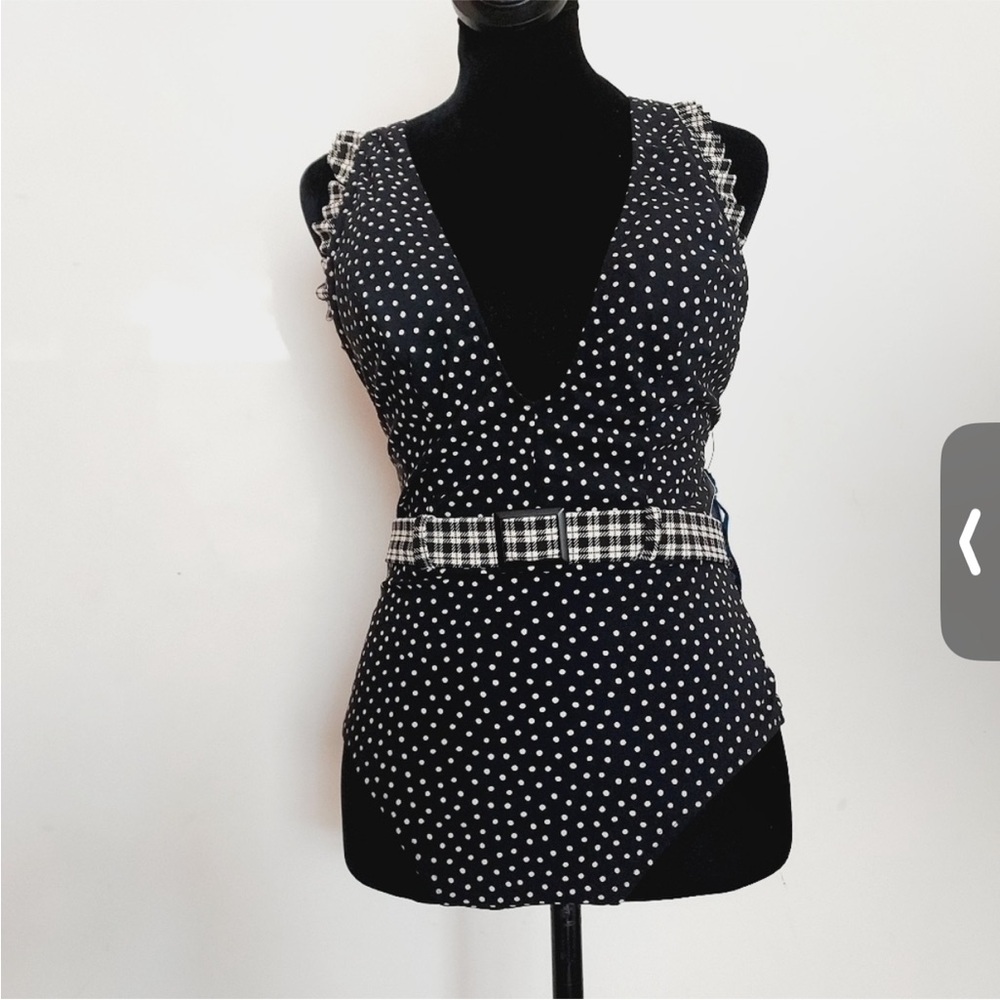 Black Polka Dot V-Neck Bathing Suit with Plaid Waist and Ruffled Sleeves